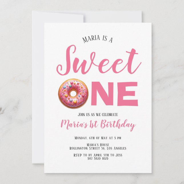 Sweet One Pink Doughnut 1st Birthday Invitation (Front)