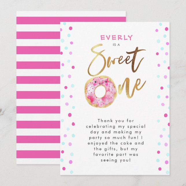 Sweet One Pink Doughnut Birthday Party Thank You Card (Front/Back)