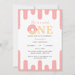 Sweet One Pink Doughnut Girl 1st Birthday  Invitation