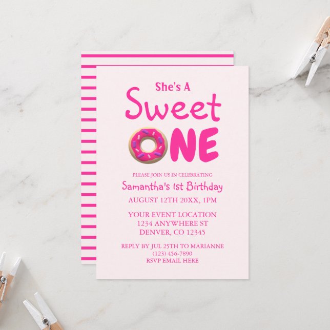 Sweet One Pink Doughnut Girl 1st Birthday Invitation (Front/Back In Situ)