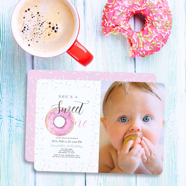 Sweet One Pink Doughnut Girl Photo 1st Birthday Invitation (Creator Uploaded)