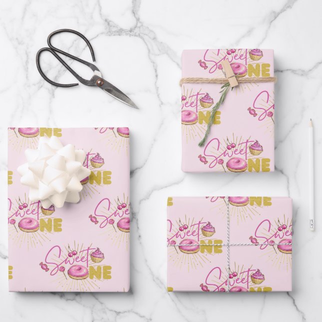 Sweet One Pink Faux Gold Glitter Desserts Sweets Wrapping Paper Sheet (Front)
