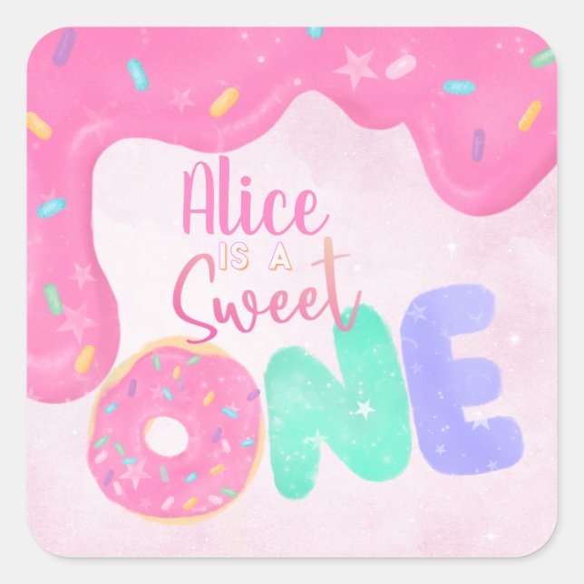 Sweet One Pink Frosting Girl's First Birthday Square Sticker (Front)