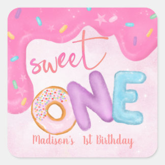 Sweet One Pink Frosting Girl's First Birthday Square Sticker