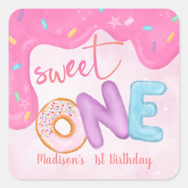 Sweet One Pink Frosting Girl's First Birthday Square Sticker (Front)