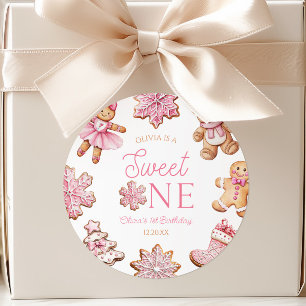 Sweet One Pink Gingerbread 1st Birthday Party Classic Round Sticker