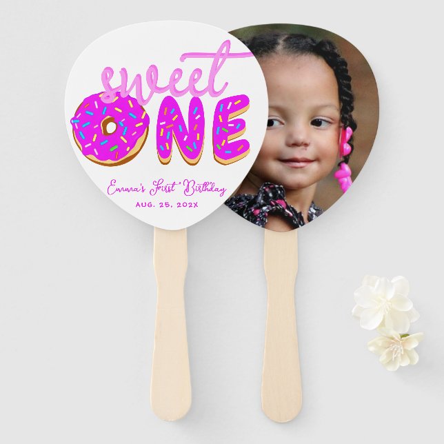 Sweet One Pink Girl First Birthday Doughnut Sprink Hand Fan (Front and Back)