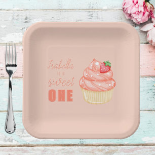 Sweet ONE, pink girls first birthday party Paper Plate