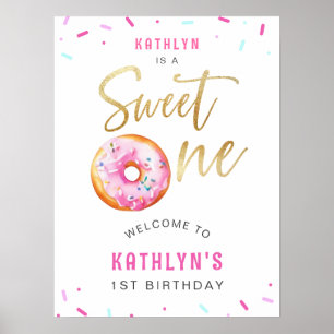 Sweet One Pink Gold Doughnut First Birthday Welcom Poster