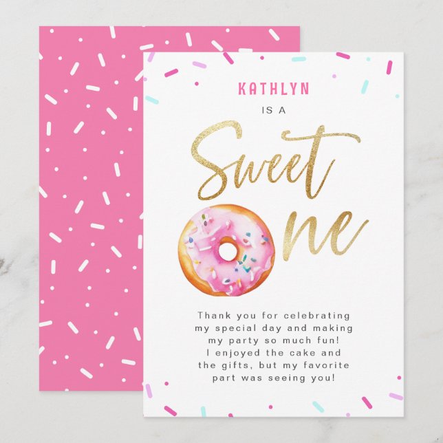 Sweet One Pink Gold Doughnut Sprinkles First Birth Thank You Card (Front/Back)
