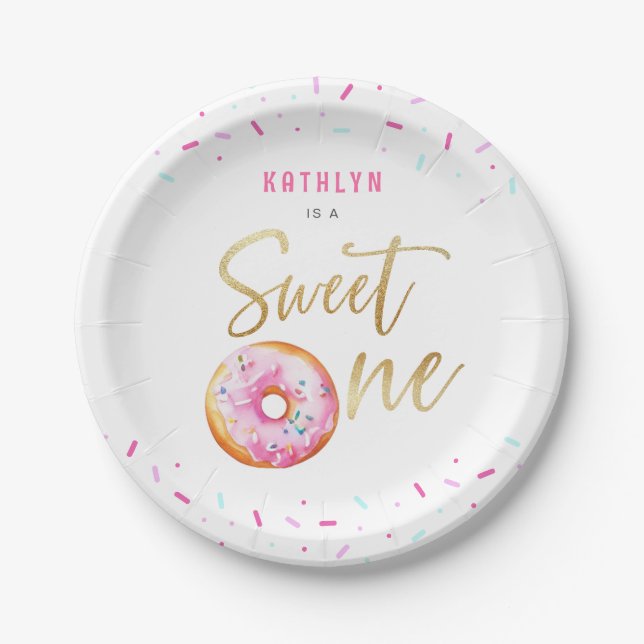 Sweet One Pink Gold Doughnut Sprinkles Girl Birthd Paper Plate (Front)