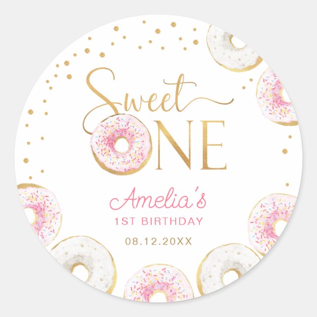 Sweet One Pink Gold Doughnuts Birthday Classic Round Sticker (Front)