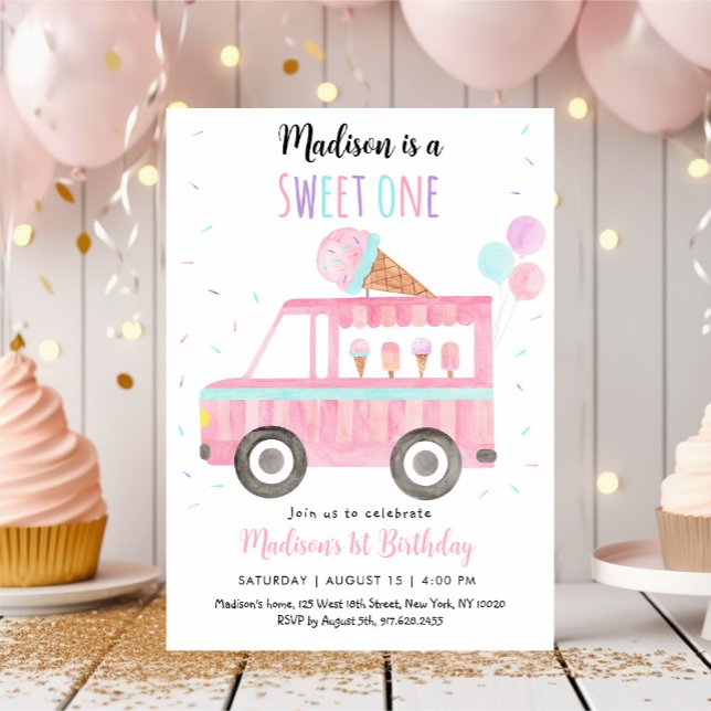 Sweet One Pink Ice Cream Truck Birthday Invitation (Creator Uploaded)