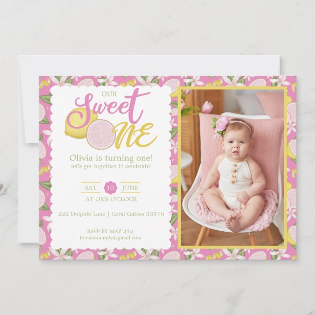 Sweet One Pink Lemon Lemon 1st Birthday Photo Invitation (Front)