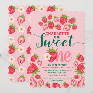 Sweet One Pink Strawberry Cute 1st Birthday Party Invitation