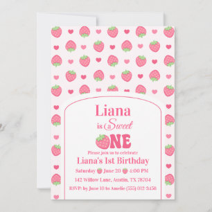 Sweet One Pink Strawberry Girl 1st Birthday Party Invitation