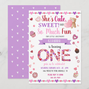 Sweet One Purple 1st Birthday Valentine's Invitation