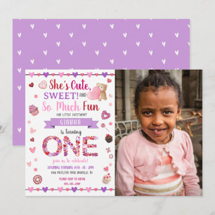 Sweet One Purple 1st Birthday Valentine's Photo Invitation