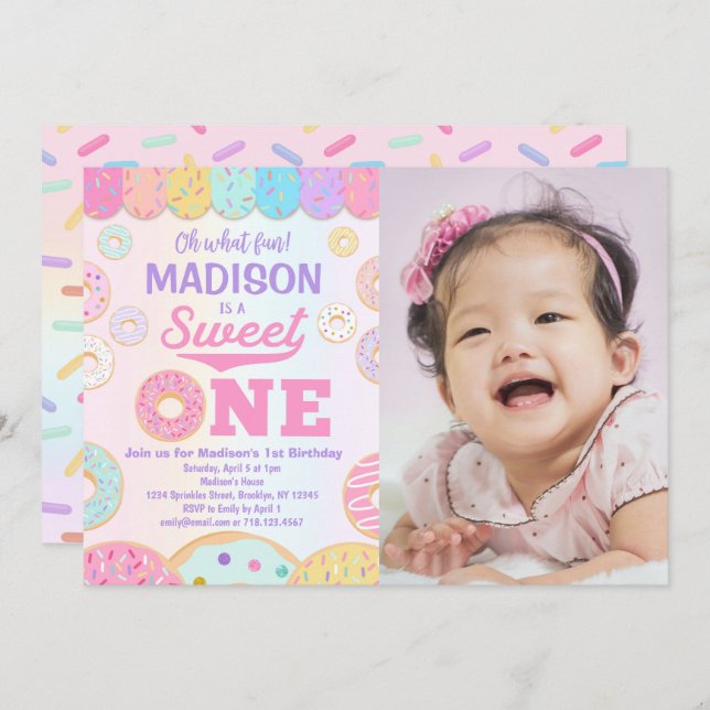 Sweet ONE Rainbow Doughnut 1st Birthday Photo Invitation (Front/Back)