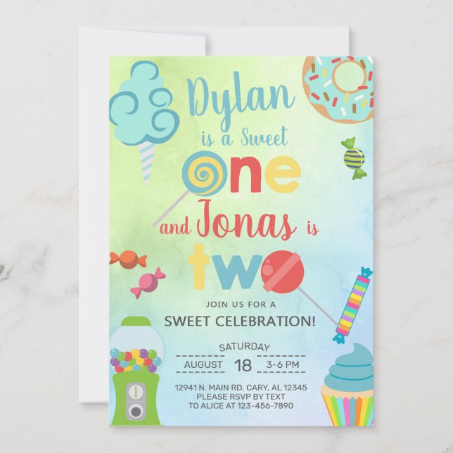 Sweet One siblings first, 1st birthday invitation. Invitation (Front)