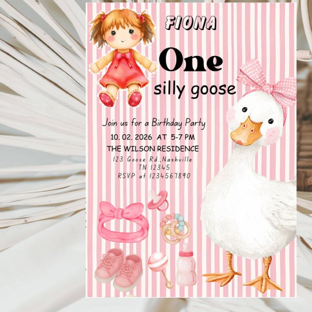 Sweet ONE Silly Goose Baby Girl 1st Birthday Party Invitation (Creator Uploaded)