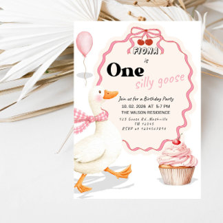 Sweet ONE Silly Goose Baby Girl 1st Birthday Party Invitation