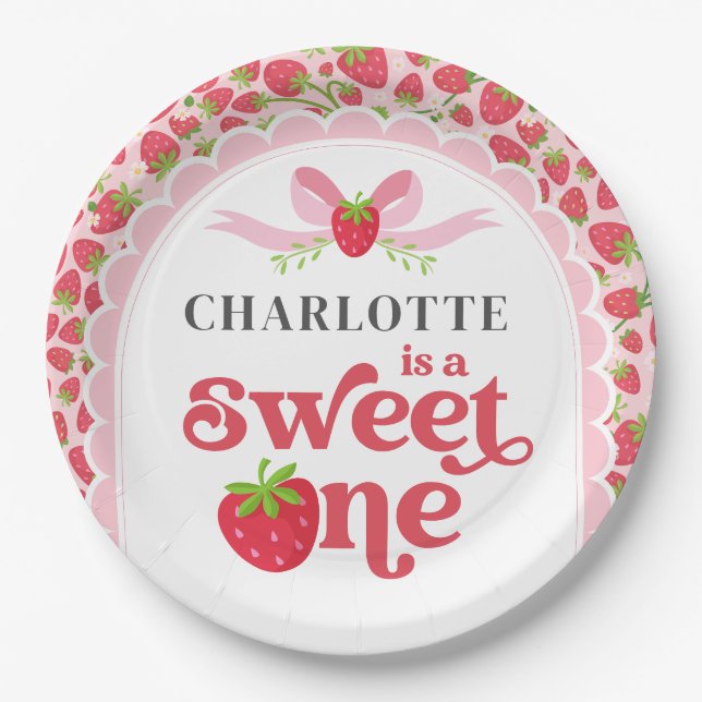 Sweet One Strawberry 1st Birthday 9" Round Paper Plate (Front)