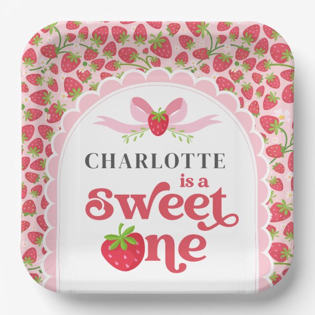 Sweet One Strawberry 1st Birthday 9" Square Paper Plate (Front)