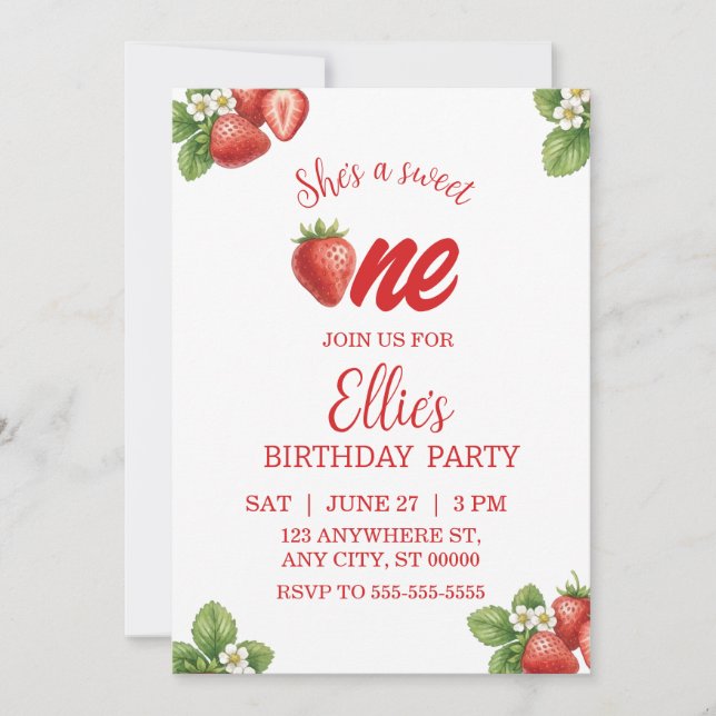 Sweet one strawberry first Birthday Invitation (Front)