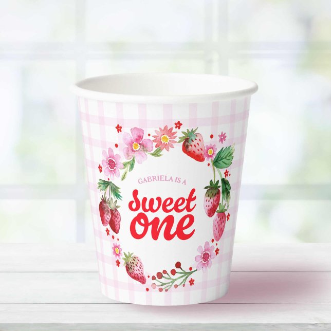 Sweet One Strawberry First Birthday Pink Plaid Paper Cups (Sweet One Strawberry First Birthday Pink Plaid Paper Cups)