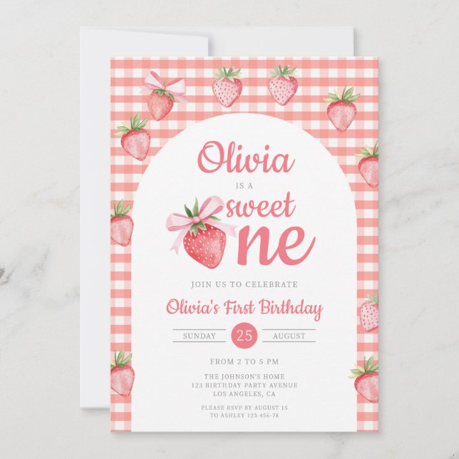 Sweet One Strawberry Girl 1st Birthday Invitation (Front)