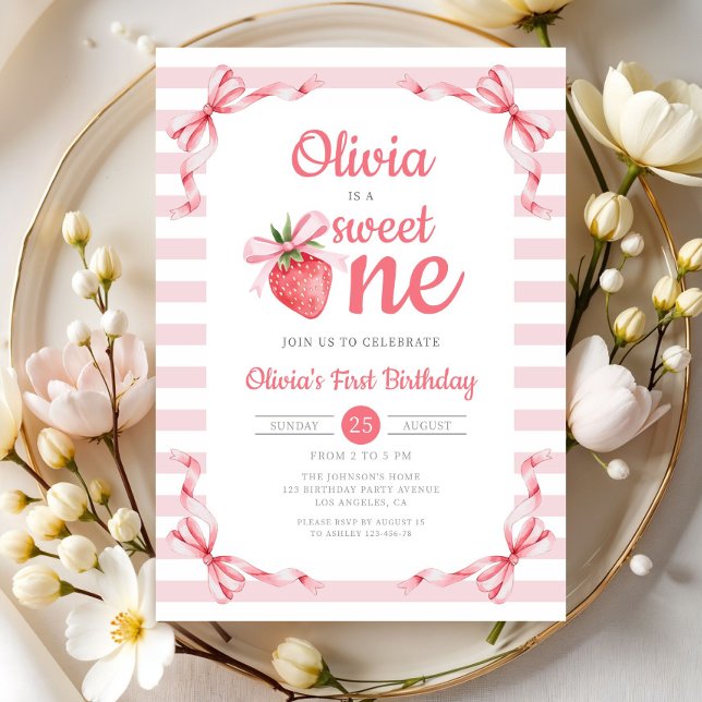 Sweet One Strawberry Girl 1st Birthday Invitation (Sweet One Strawberry Girl 1st Birthday Invitation)
