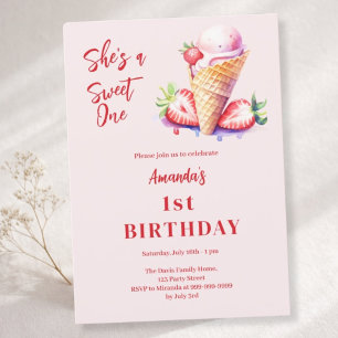 Sweet One Strawberry ice cream 1st Birthday Invitation