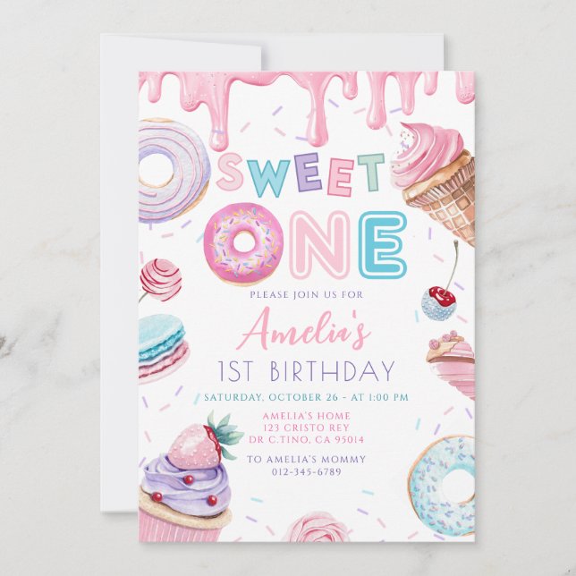 Sweet one Sweets Dessert Doughnut Candy Birthday  Invitation (Front)