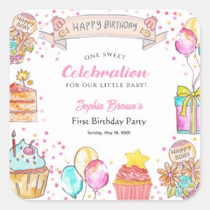 Sweet One Theme girl's 1st Birthday Pink Square Sticker