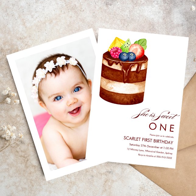 SWEET ONE watercolor cake 1st birthday Invitation (Creator Uploaded)
