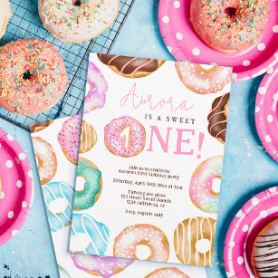 Sweet One watercolor cute doughnuts 1st birthday  Invitation