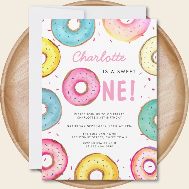 Sweet One Watercolor Cute Doughnuts 1st Birthday  Invitation (Creator Uploaded)