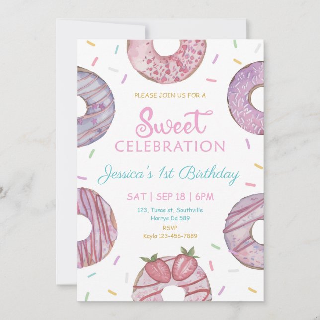 Sweet One watercolor cute doughnuts 1st birthday Invitation (Front)