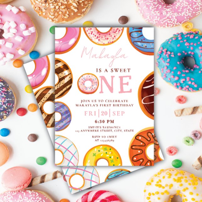 Sweet One watercolor cute doughnuts 1st chic birth Invitation (Creator Uploaded)