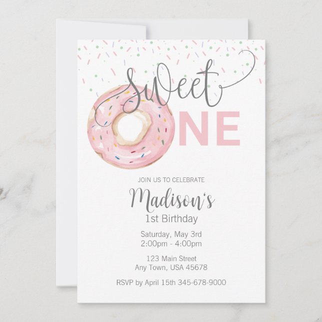 Sweet One Watercolor Girl's 1st Invitation (Front)