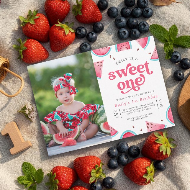Sweet One Watermelon Girls Photo 1st Birthday Invitation (Creator Uploaded)