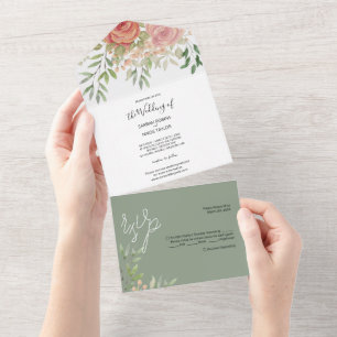 Sweet Orange Blush Roses Watercolor Hand-painted All In One Invitation