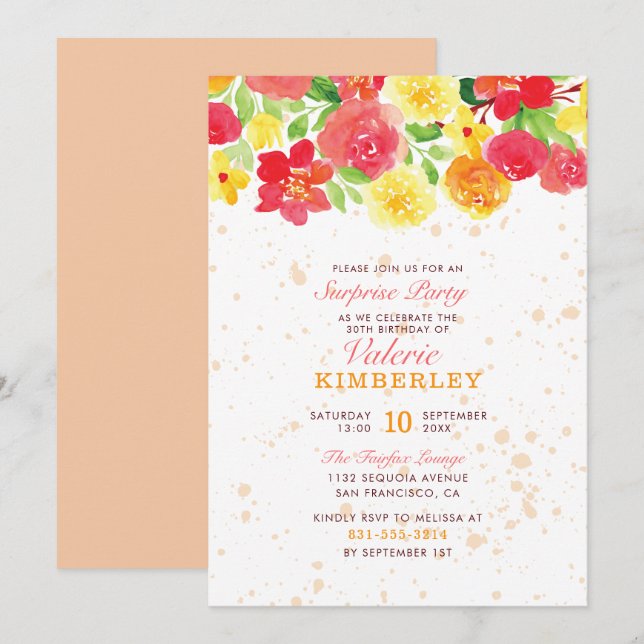 Sweet Orange Botanical Roses Spring Surprise Party Invitation (Front/Back)