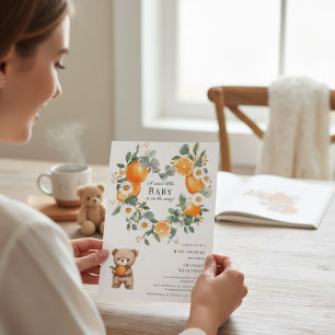 Sweet Orange Daisy Bear Baby Shower Invitation