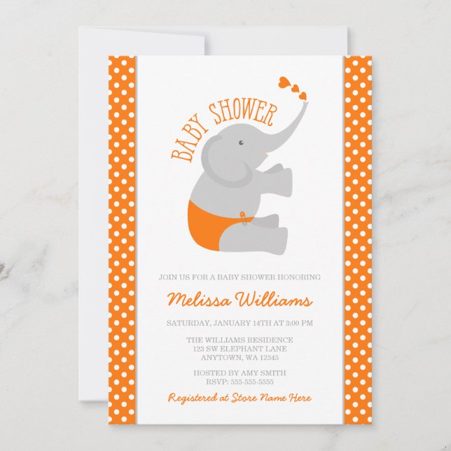 Sweet Orange Grey Elephant Baby Shower Invitations (Front)