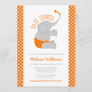 Sweet Orange Grey Elephant Baby Shower Invitations