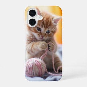 Sweet orange kitten playing with yarn iPhone 16 case