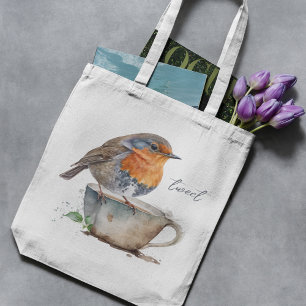 Sweet Orange Robin Bird Teacup Watercolor Tote Bag