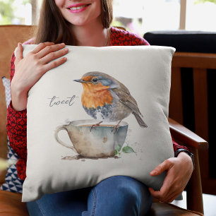 Sweet Orange Robin Teacup Watercolor Cushion